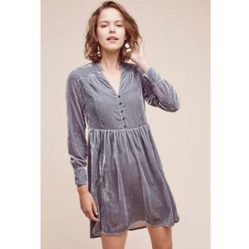 Anthropologie Holding Horses Gray Long Sleeve burnt Velvet Dress tunic Size S